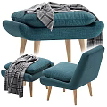 Modern Teal Accent Chair With Ottoman Plush Cushions Wooden Legs And Throw Blanket