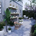 Gray Feature Wall Featuring Circular Design In Outdoor Patio With Sofa Dining Table And Plants