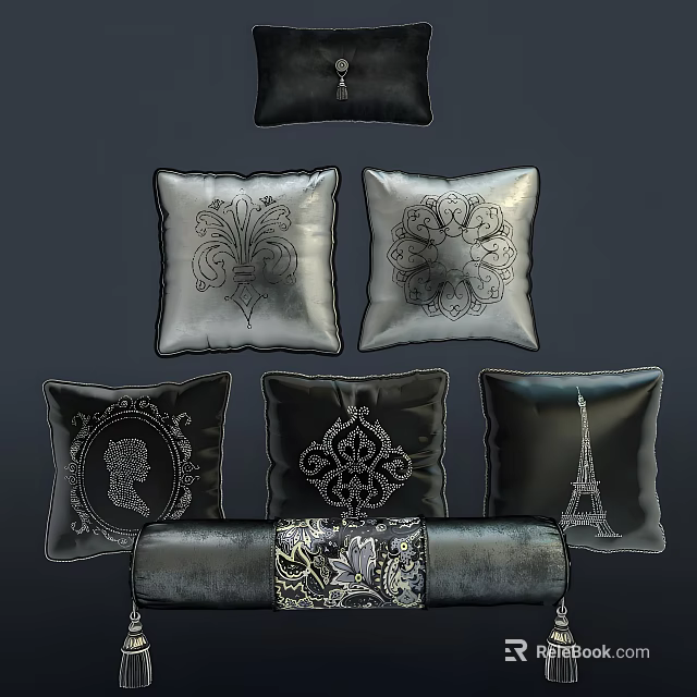Stylish Decorative Throw Pillows With Ornate Patterns Vintage Designs And Eiffel Tower Motif 3d model
