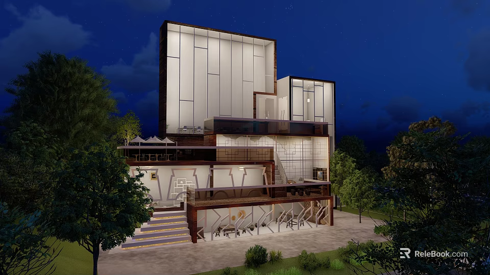 Modern Architectural Building With Illuminated Glass Windows Stairs And Surrounding Trees At Night 3d model 