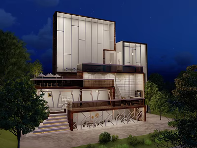 Modern Architectural Building With Illuminated Glass Windows Stairs And Surrounding Trees At Night 3d model