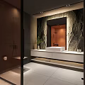 Modern Black and Orange Bathroom with Tiled Walls Glass Shower Enclosure Wooden Base and Toilet