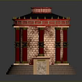 Ancient Style Pavilion Structure With Red Columns Black Roof Decorative Spikes And Brick Walls