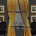 Luxurious Gold Curtains with Elegant Pleats and Tassel Tiebacks against Black Walls and Gold Frames