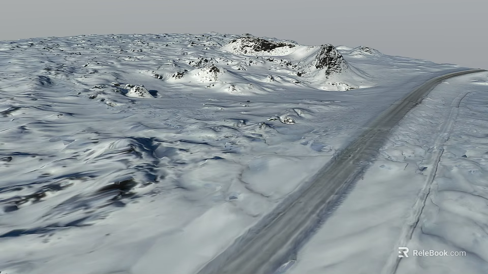 Vast Snow Covered Scenic Landscape With Stretching Road And Distant Rocks 3d model 