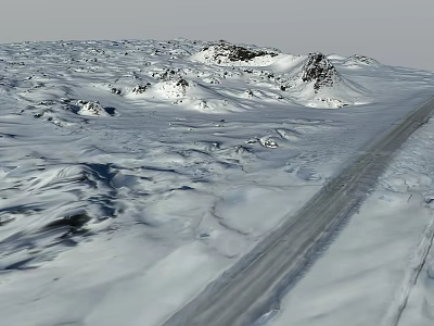 Vast Snow Covered Scenic Landscape With Stretching Road And Distant Rocks 3d model