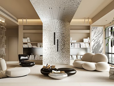 Modern Living Room With White Round Sofas Bookshelves Textured Ceiling And Hanging Lights 3d model