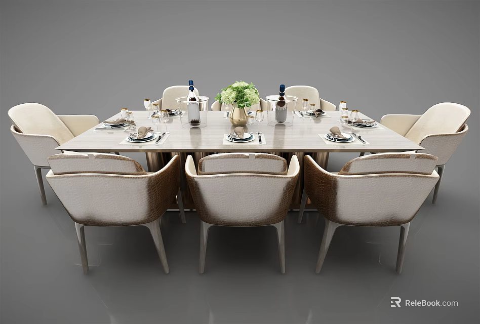 Elegant Rectangular Dining Table Set With Cream Upholstered Chairs And Floral Centerpiece 3d model