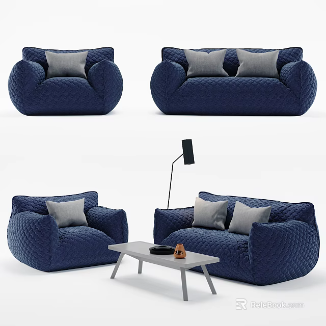 Modern Navy Blue Sofa And Coffee Table Set With Quilted Texture And Accent Pillows 3d model 