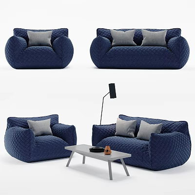 Modern Navy Blue Sofa And Coffee Table Set With Quilted Texture And Accent Pillows 3d model