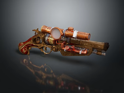 Vintage Steampunk Revolver With Brass Gear Mechanism And Telescopic Sight Design Features 3d model