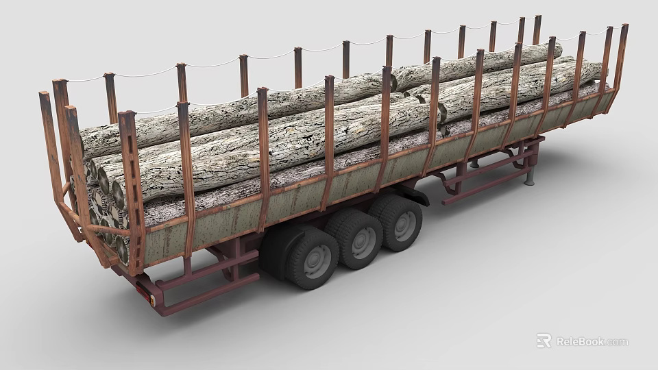 Logging Truck Trailer With Multiple Wheels Carrying Large Wooden Logs 3d model 