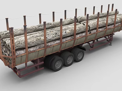 Logging Truck Trailer With Multiple Wheels Carrying Large Wooden Logs 3d model