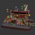 Cartoon Market Stall Scene with Red Awning Street Lamps Tools Plants and Wooden Platform
