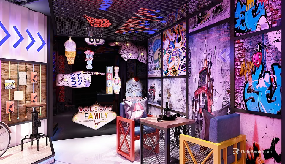 Vibrant Bar Interior With Graffiti Walls Neon Sign Metal Mesh Ceiling And Decorative Elements 3d model 