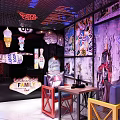 Vibrant Bar Interior With Graffiti Walls Neon Sign Metal Mesh Ceiling And Decorative Elements