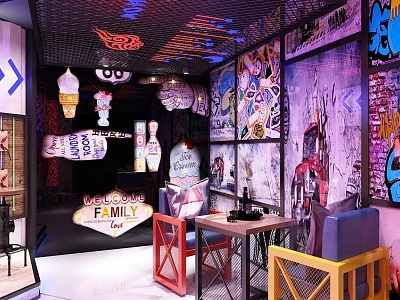 Vibrant Bar Interior With Graffiti Walls Neon Sign Metal Mesh Ceiling And Decorative Elements 3d model