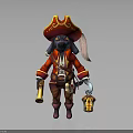 Pirate Dog Character Wearing Red Coat And Tricorn Hat With Lantern And Horn Accessories