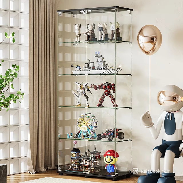 Glass Display Cabinet with Toy Models and Decorative Figurines in Living Room Interior 3d model 