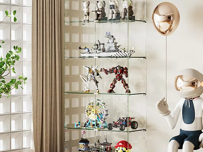 Glass Display Cabinet with Toy Models and Decorative Figurines in Living Room Interior 3d model