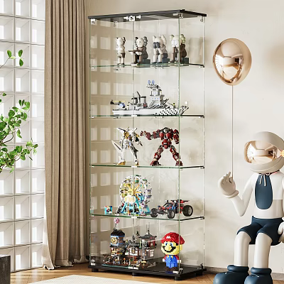 Glass Display Cabinet with Toy Models and Decorative Figurines in Living Room Interior 3d model