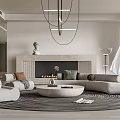 Modern Living Room Interior With Comfortable Sofa Fireplace Pendant Lights And Area Rug
