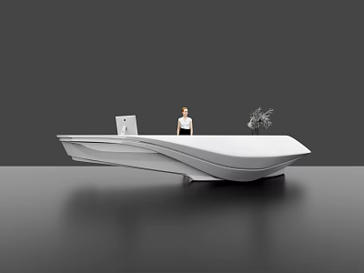 Modern Reception Desk With Curved White Design And Receptionist Standing By Potted Plant 3d model