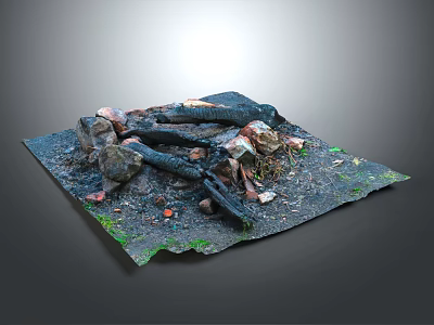 Miniature Garden Scene With Dark Mat Stones Black Wood Logs Moss And Green Plants 3d model