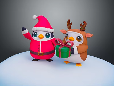 Cartoon Penguin In Santa Costume And Reindeer Antler Character With Green Gift Box 3d model