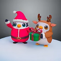 Cartoon Penguin In Santa Costume And Reindeer Antler Character With Green Gift Box