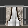 Beige Patterned Curtains With Dark Trim And White Sheer Layer On Grey Wall