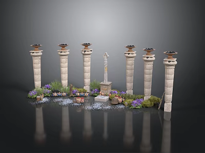 Classical Garden Scene With Decorative Columns Statue Purple Flowers And Paving Stones 3d model
