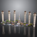 Classical Garden Scene With Decorative Columns Statue Purple Flowers And Paving Stones