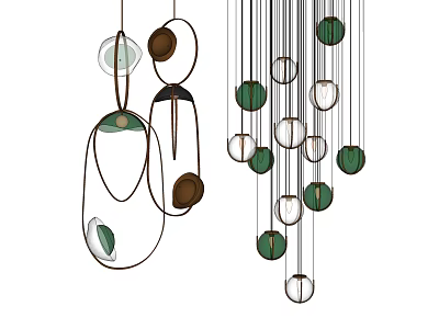 Stylish Chandeliers With Circular Green Pendants And Hanging Glass Elements 3d model