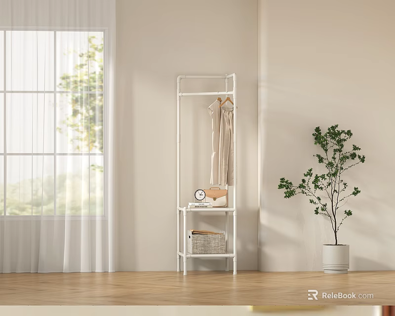 White Standing Clothes Rack With Shelf And Basket Near Window And Green Plant 3d model 