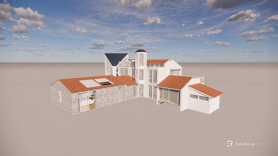 Detached Villa With Red Roof Tiles White Stone Walls And Tower Structure 3d model 