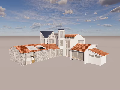 Detached Villa With Red Roof Tiles White Stone Walls And Tower Structure 3d model