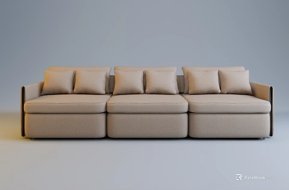 Comfortable Modern Beige Fabric Three Seater Sofa With Soft Cushions 3d model