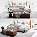 Modern Double Bed Interior With Soft Pillows Nightstands And Bench On Rug 3d model