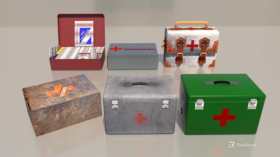 Medical Equipment Collection Of Various First Aid Kits With Red Cross Symbols And Designs 3d model 