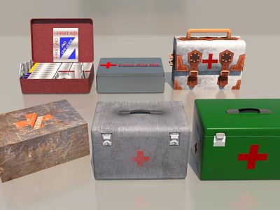 Medical Equipment Collection Of Various First Aid Kits With Red Cross Symbols And Designs 3d model