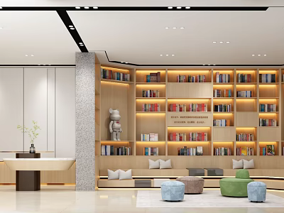 Modern Lounge Area Interior With Built in Bookshelves Colorful Books Cozy Seating And Plush Cushions 3d model
