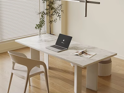 Modern Marble Desk Setup with Laptop Magazine Plant Vase Chair and Wooden Floor 3d model