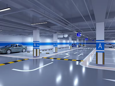 Modern Well Lit Parking Garage With Blue Pillars Parked Cars And Directional Signs 3d model