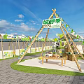 Event Entrance With White Tent Green Flags Swings And Lawn For Fun Activities
