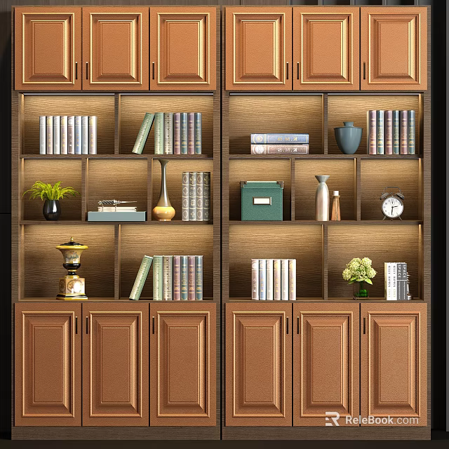 Wooden Bookcase With Stacked Books Decorative Vase Potted Plant And Clock On Multiple Shelves 3d model 