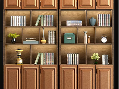 Wooden Bookcase With Stacked Books Decorative Vase Potted Plant And Clock On Multiple Shelves 3d model