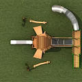Wooden Playground Equipment Featuring Slide Climbing Frame Tree House Design Green Poles And Grass Lawn