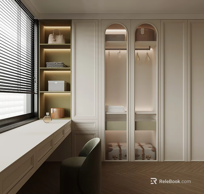 Elegant Modern Home Office With Open Wardrobe Design And Storage Solutions 3d model