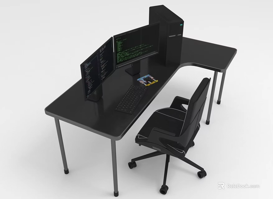 Black L Shaped Office Desk With Multiple Monitors Computer Tower And Ergonomic Chair 3d model 